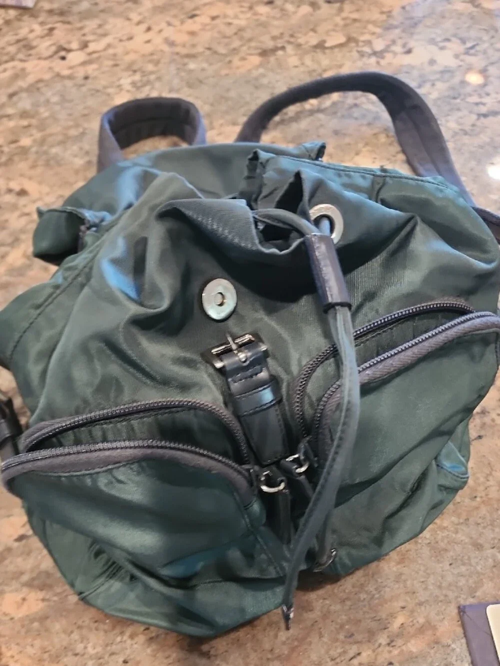 90s Clasaic Prada Dark Green Nylon Backpack with Black Trim